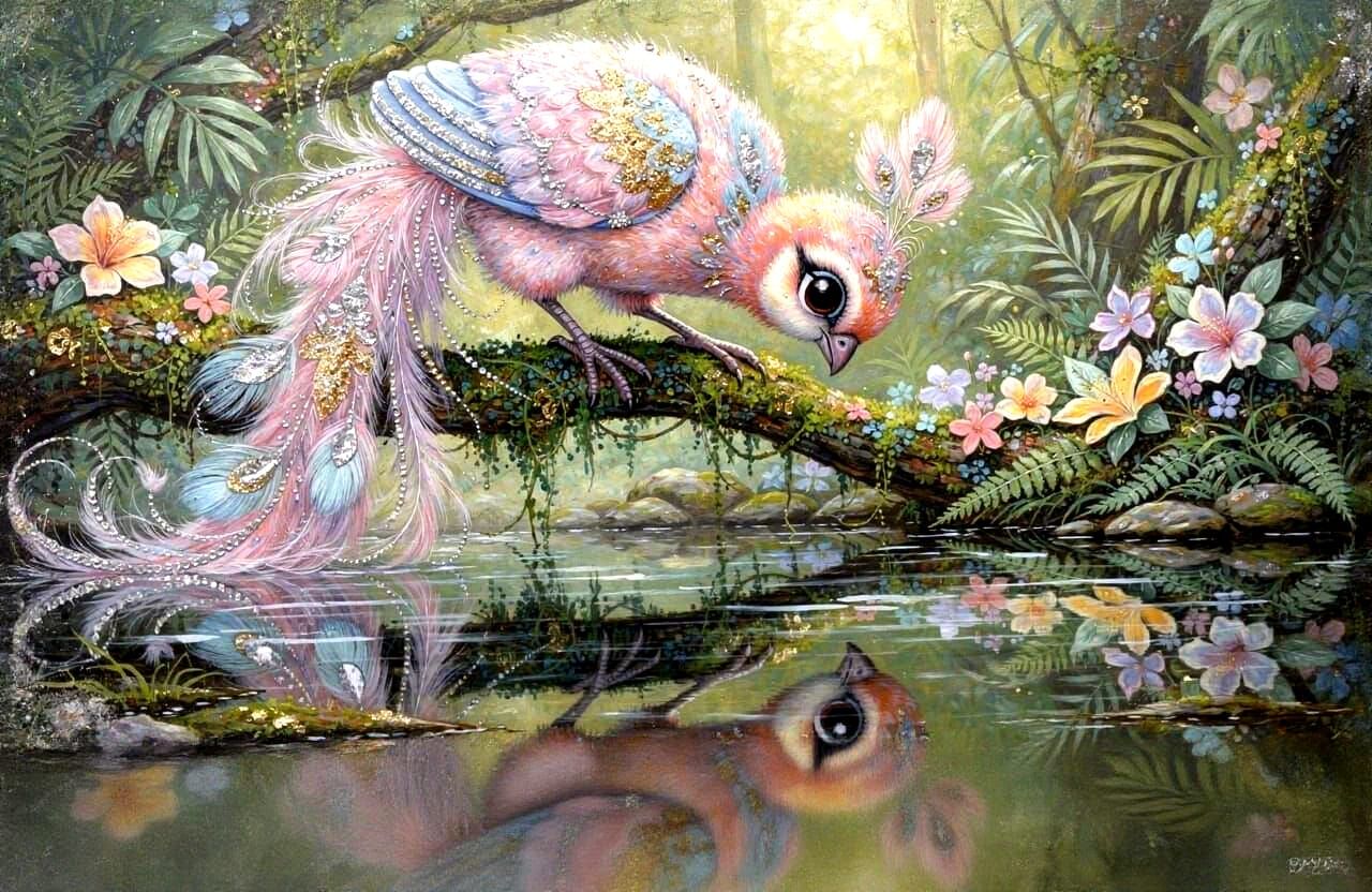 Exotic Bird Art with Pastel and Metallic Feathers