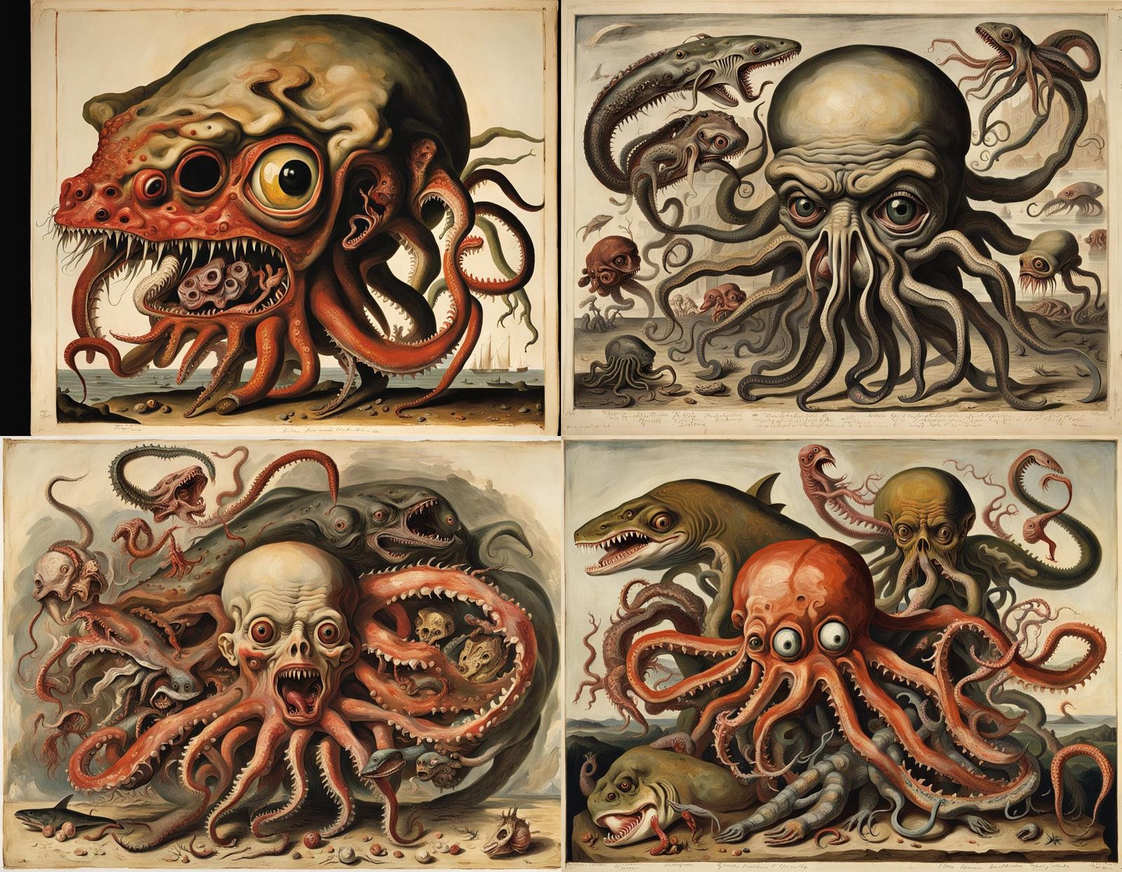 Grotesque Hybrid Form with Shark Tentacles and Internal Guts