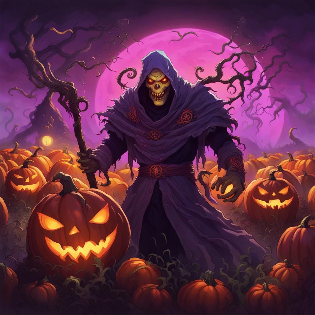 Pumpkin Necromancer Summons Monster in Autumnal Field