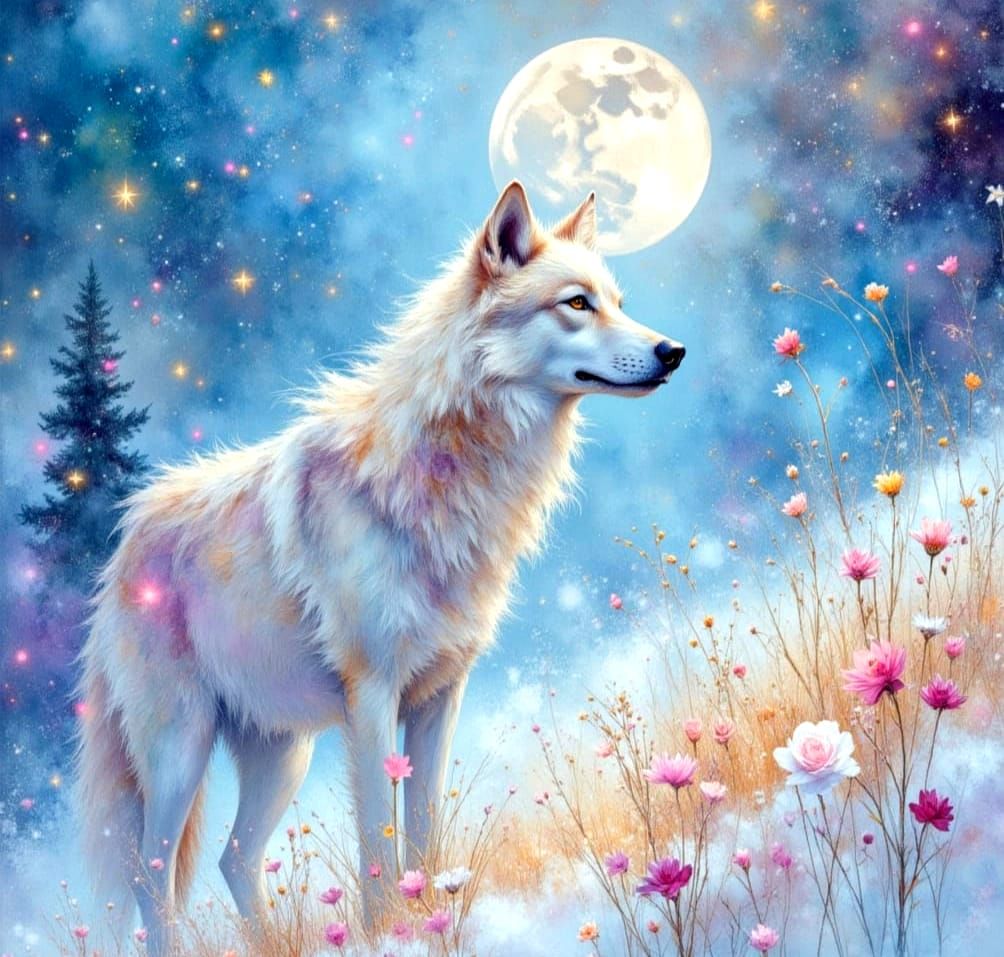 Ghostly Wolf in Windswept Watercolor Fantasy