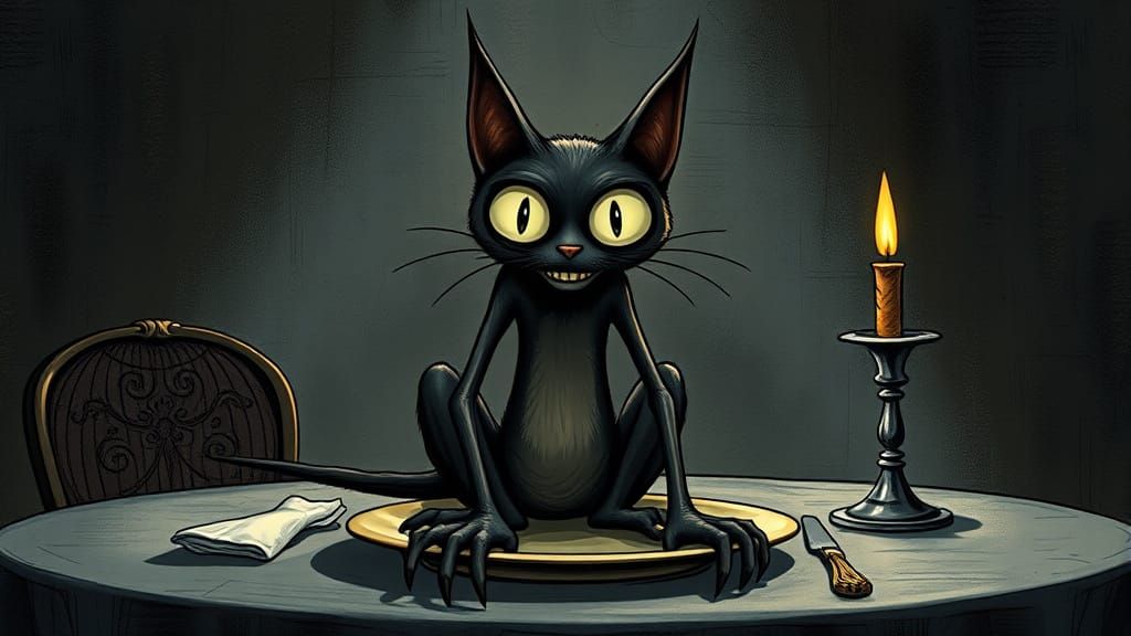 Scary Cat in Tim Burton Style with Collage Elements