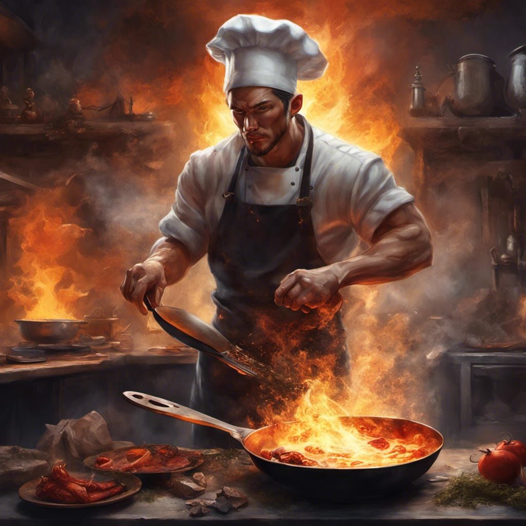 Fantasy Chef Wields Fireball in Detailed Digital Art