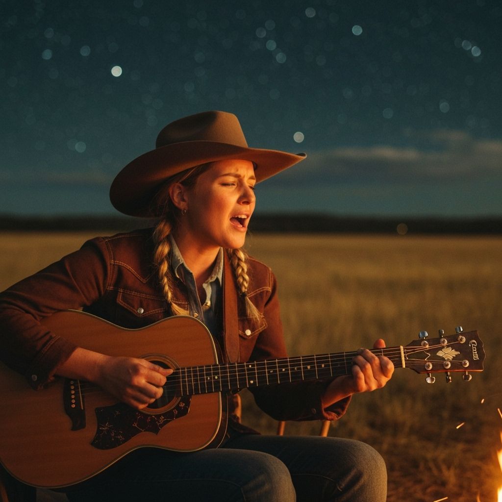 Cowgirl's Campfire Serenade: Oil Painting of the Old West