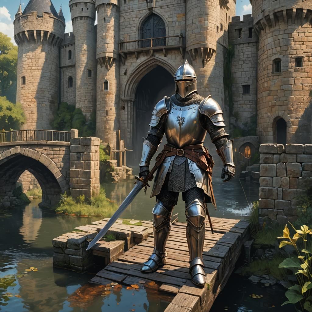 Hyperrealistic Knight Crossing Bridge to Castle