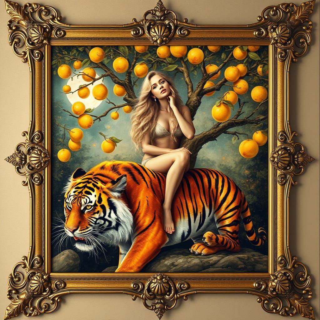 Surreal Oil Painting of a Woman and Bengal Tiger in a Dreaml...