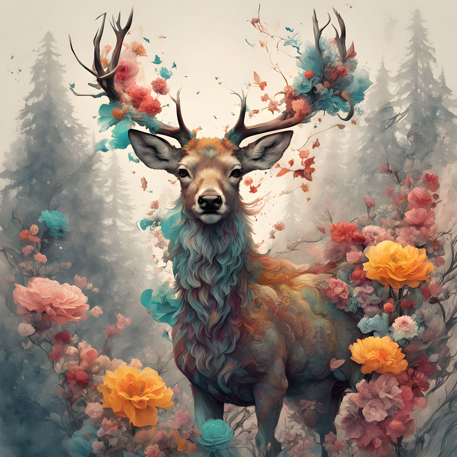 Whimsical Floral Deer in a Watercolor Wonderland