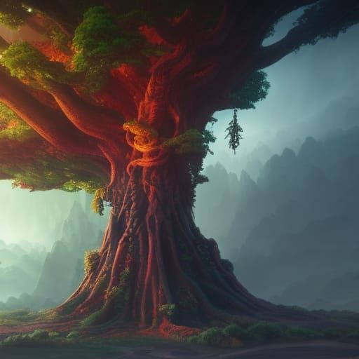 Gigantic World Tree Yggdrasil in High Fantasy Style