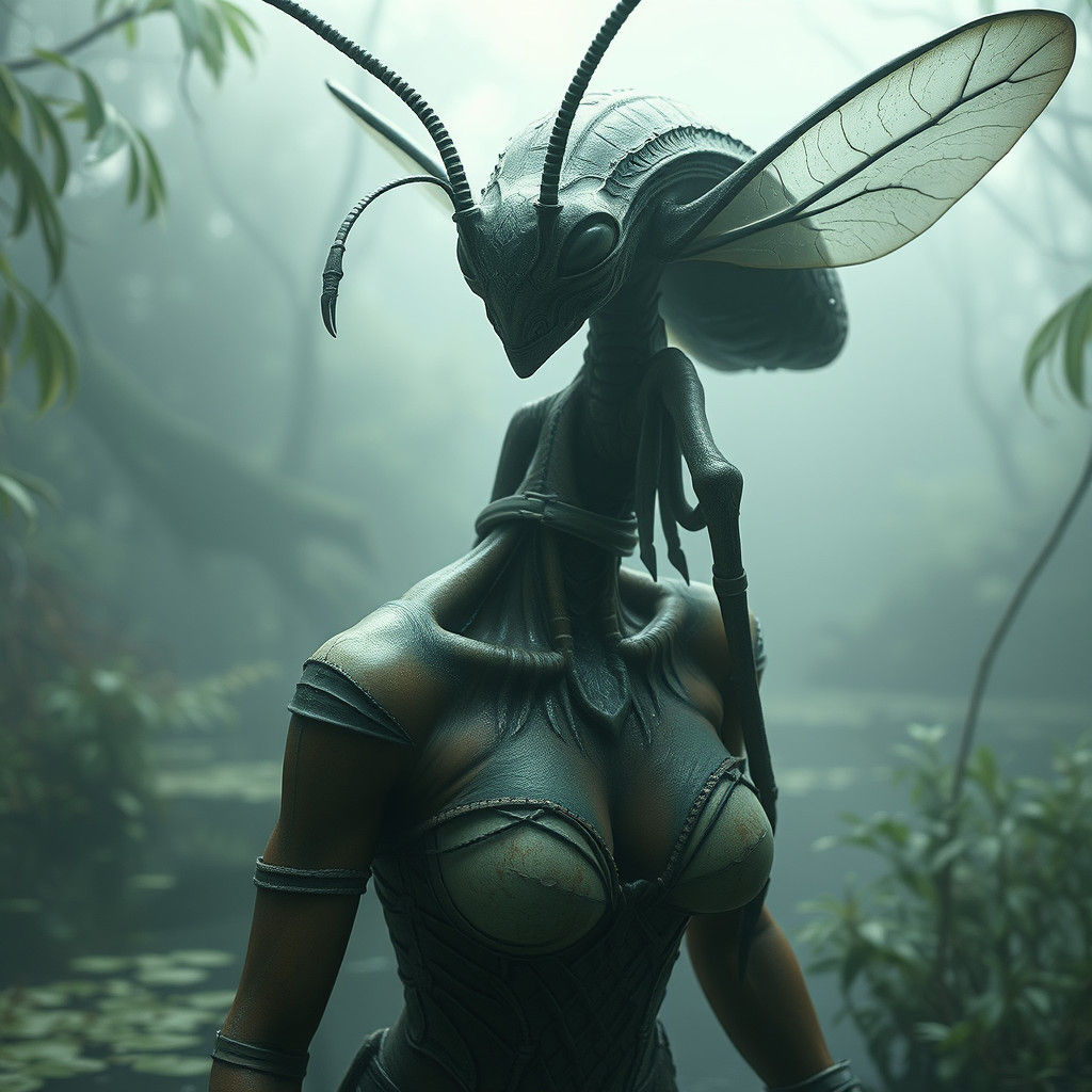 Humanoid Insect Alien in Misty Bayou: Digital Matte Painting