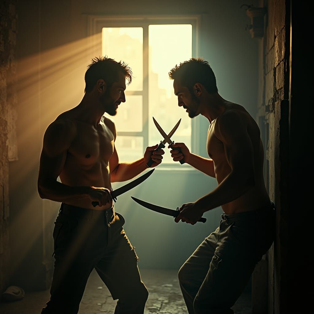 Intense Knife Fight in Moody, Cinematic Interior