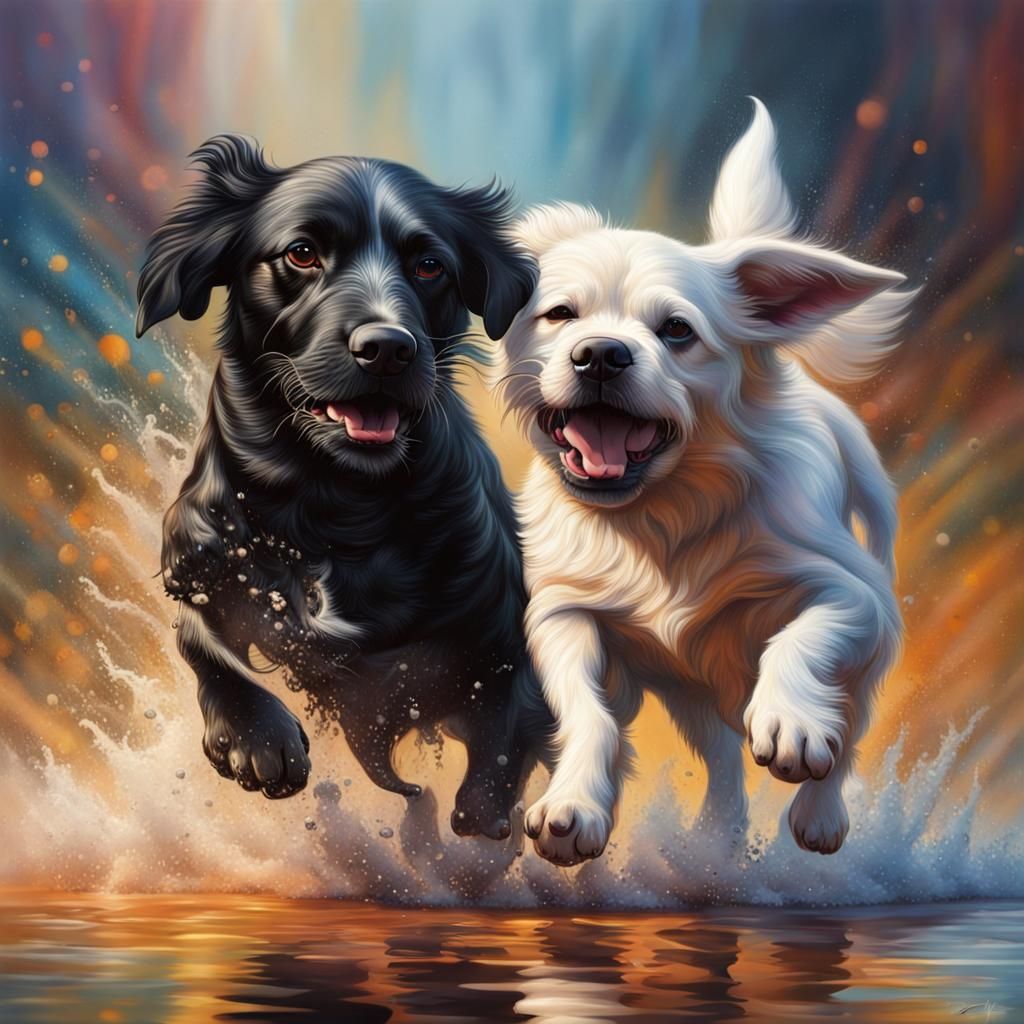 Two Dogs Playing in Hyperrealistic Splash Art