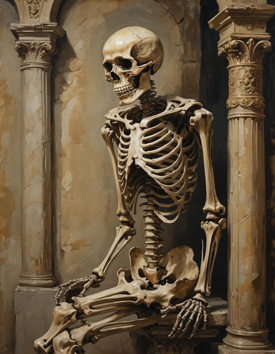 Playful Smiling Skeleton Resting on a Column