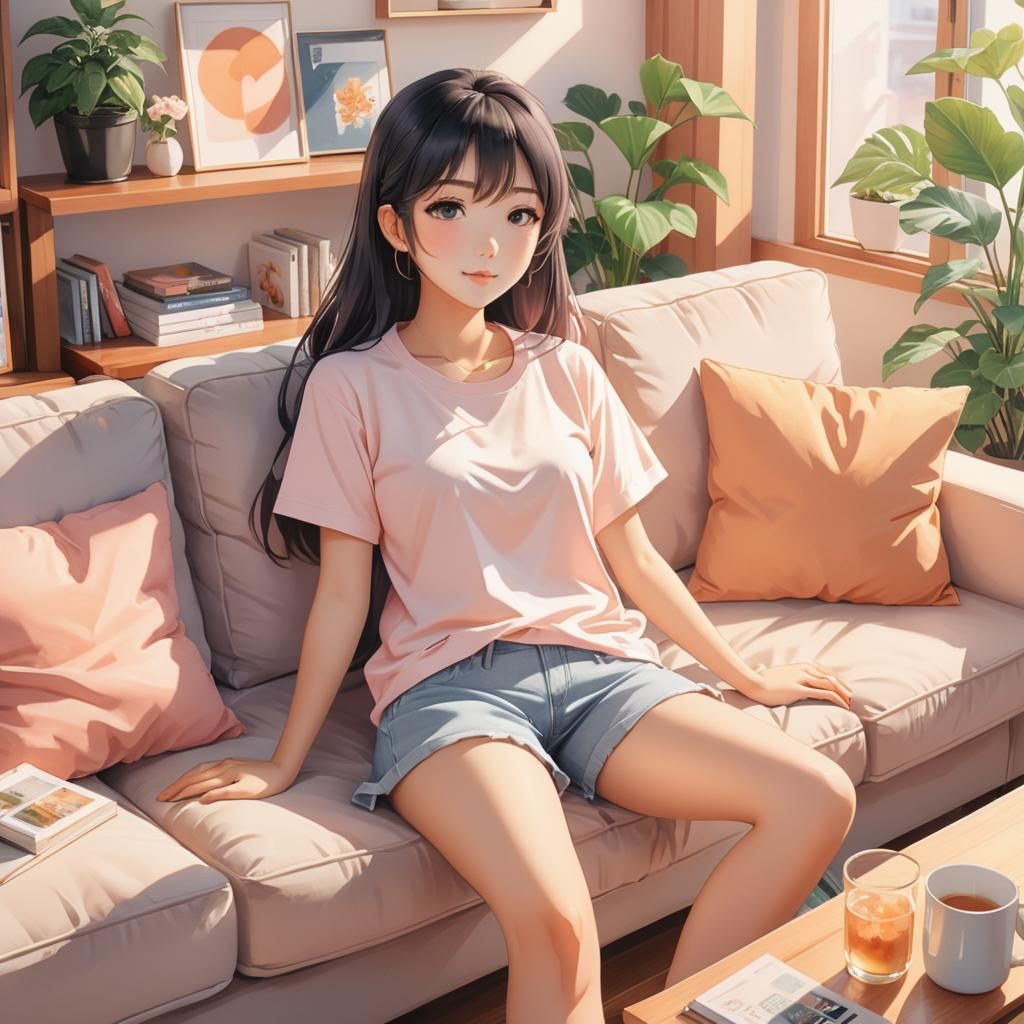 Cute Anime Girl Lounging in Cozy Apartment