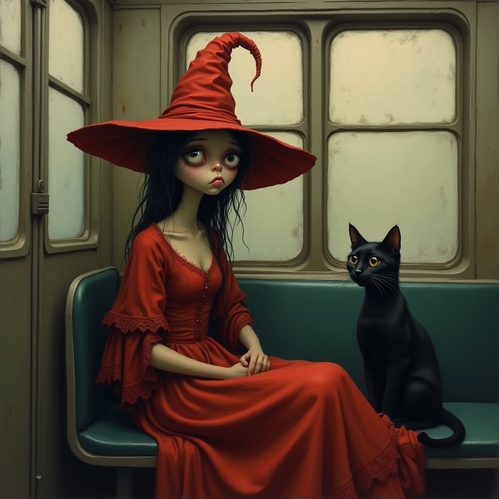Surreal Witch in Red Laces in Subway Car