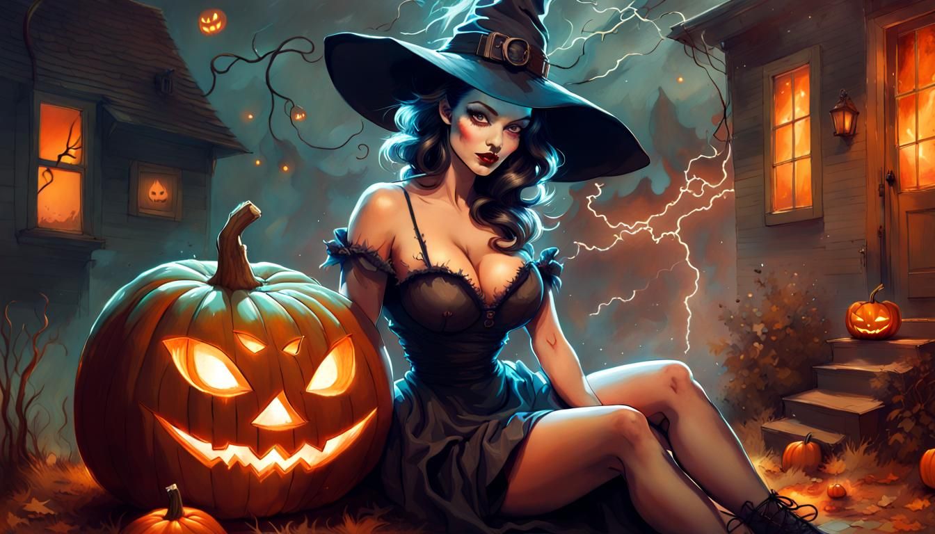 Halloween Pinup Witch with Pumpkin, Hyperrealistic Illustrat...