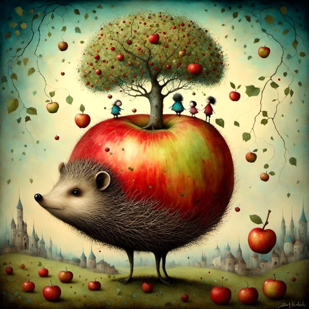 Whimsical Hedgehog with Apples in Surreal Watercolor
