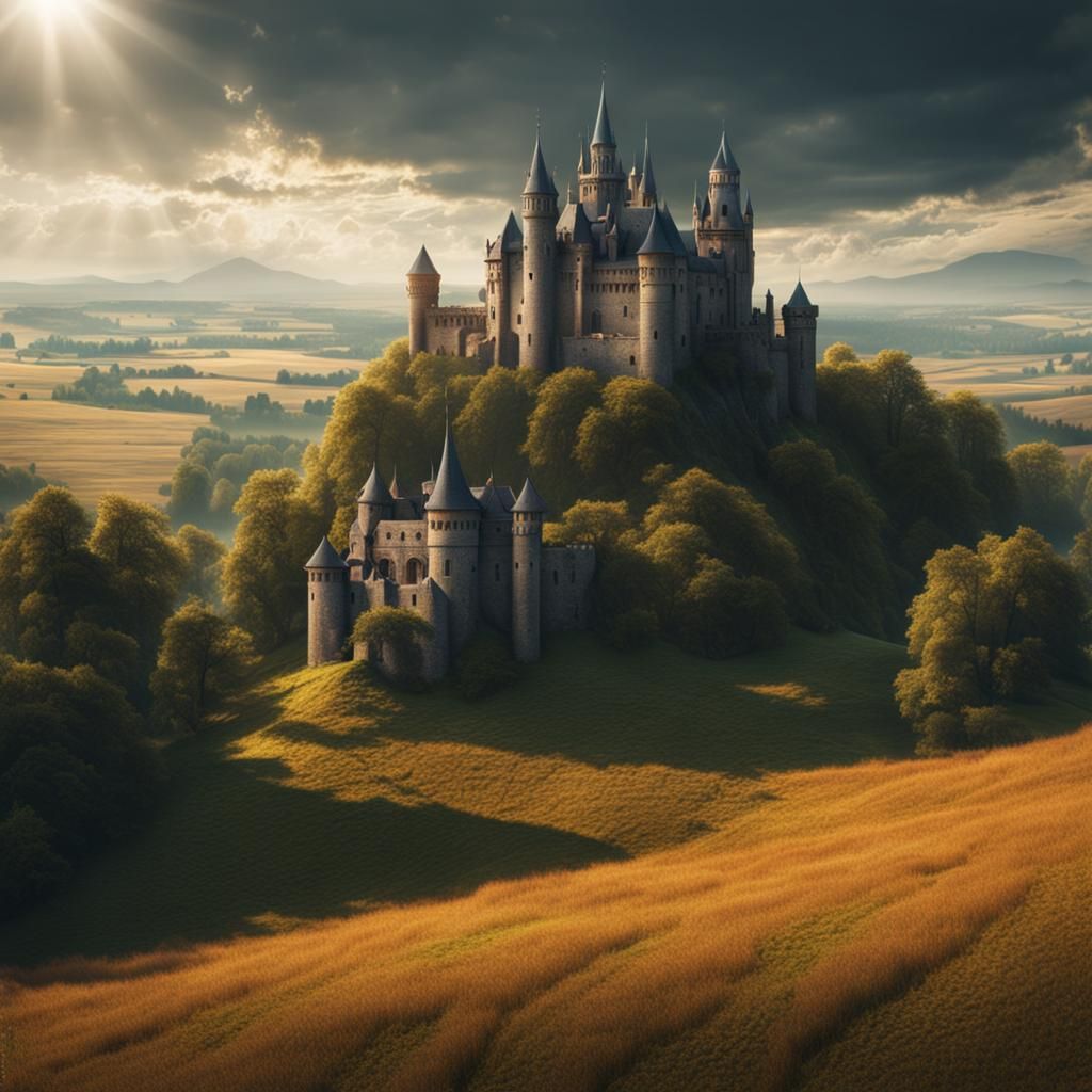 Sunlit Castle in Countryside Field: Digital Matte Painting