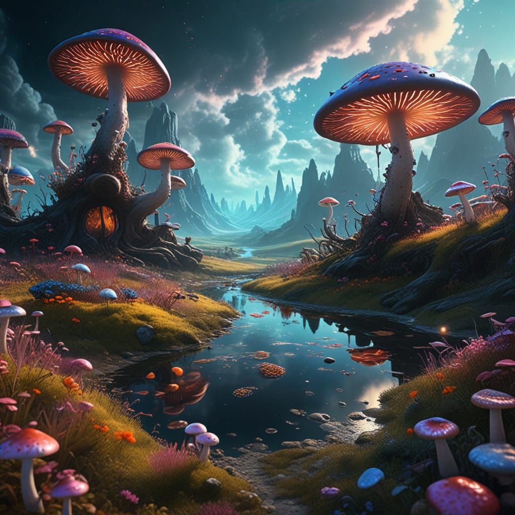 Surreal Ethereal Landscape with Nebulae and Glowing Mushroom...