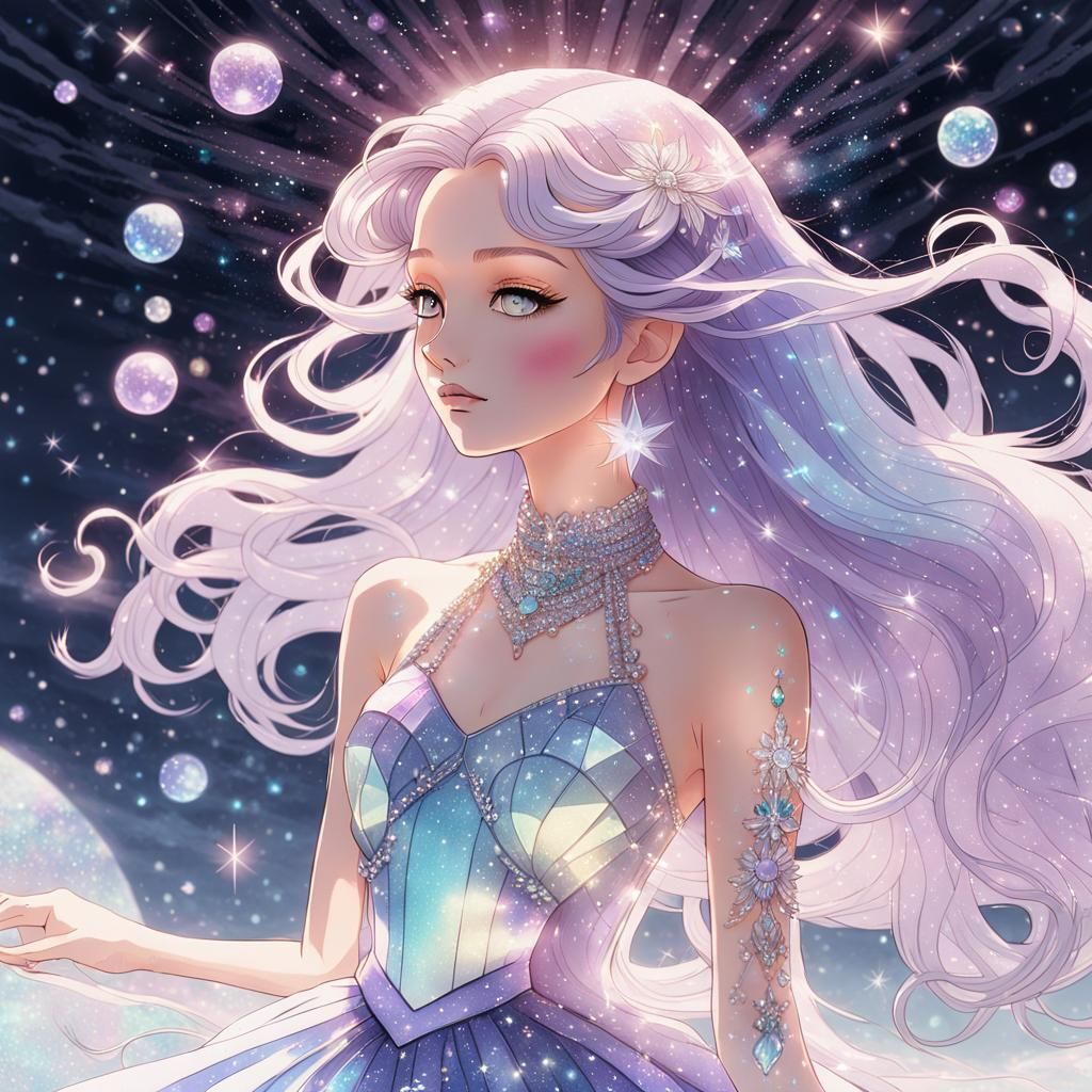 Celestial Woman in Anime Style with Pastel Hair