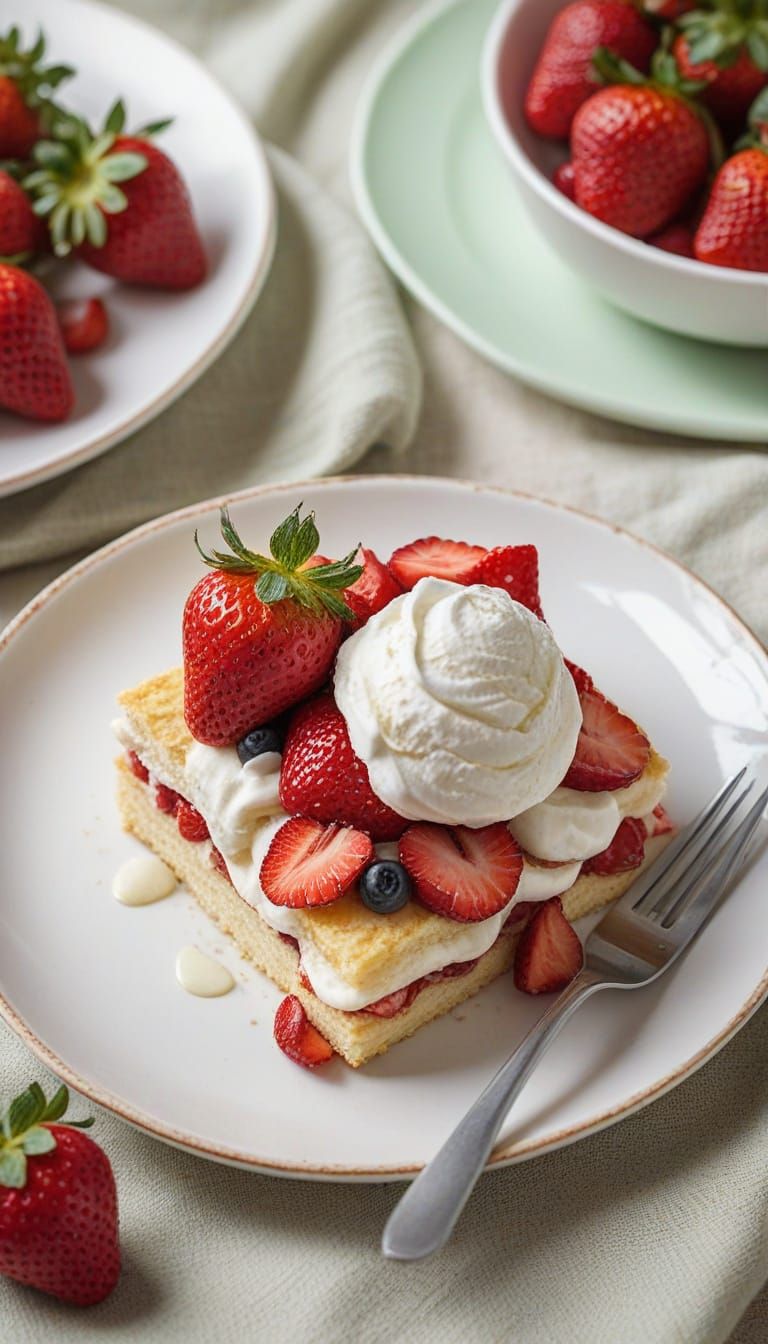 Photorealistic Strawberry Shortcake Slice with Mint