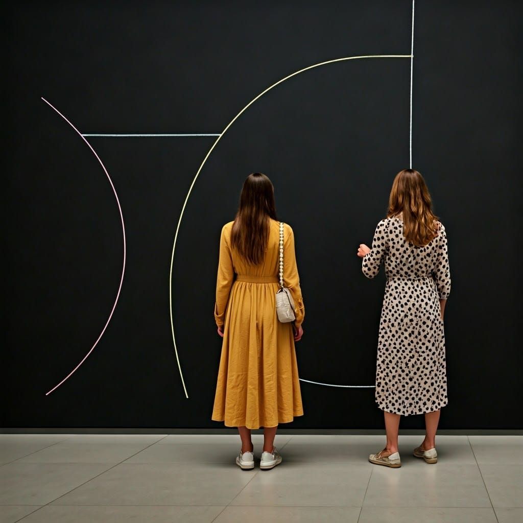 Fashionable Women Admire Sol LeWitt-Style Wall Art