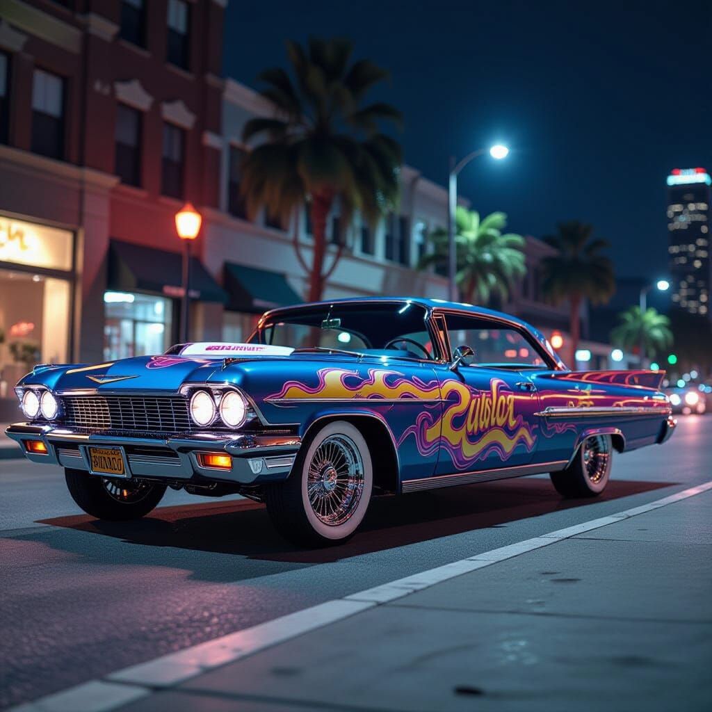 Sleek Lowrider with Custom Paint in Urban Setting