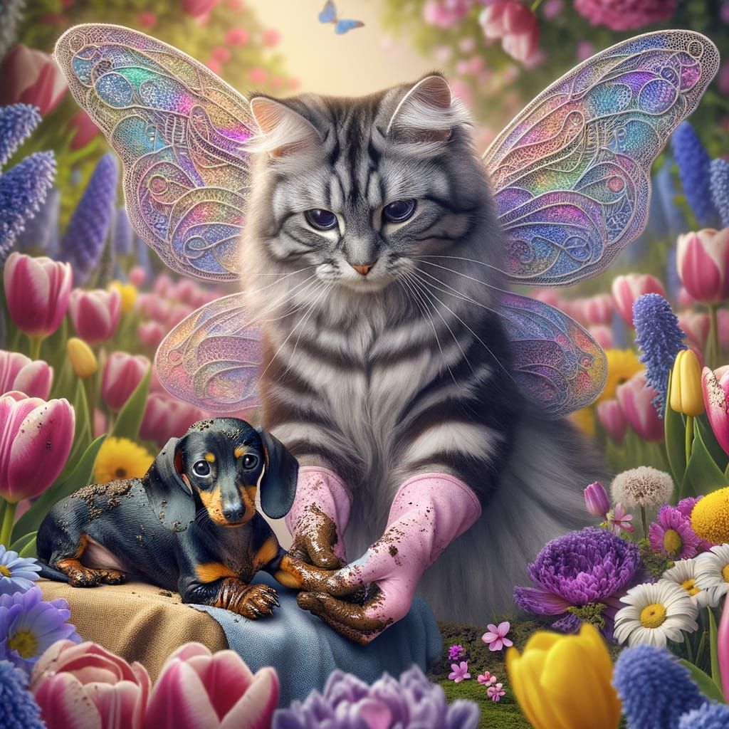 Fairy Tending Dachshund Paws in Tulip Field