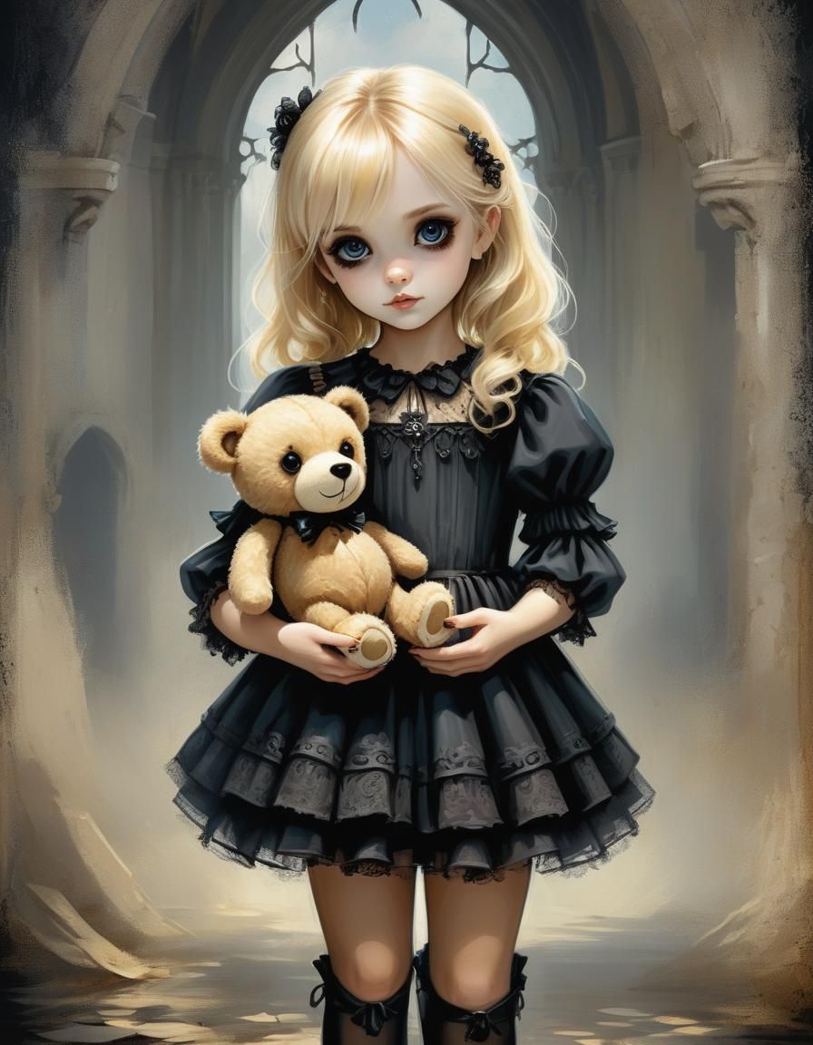 Gothic Teddy Bear with Blond Girl, Oil Illustration