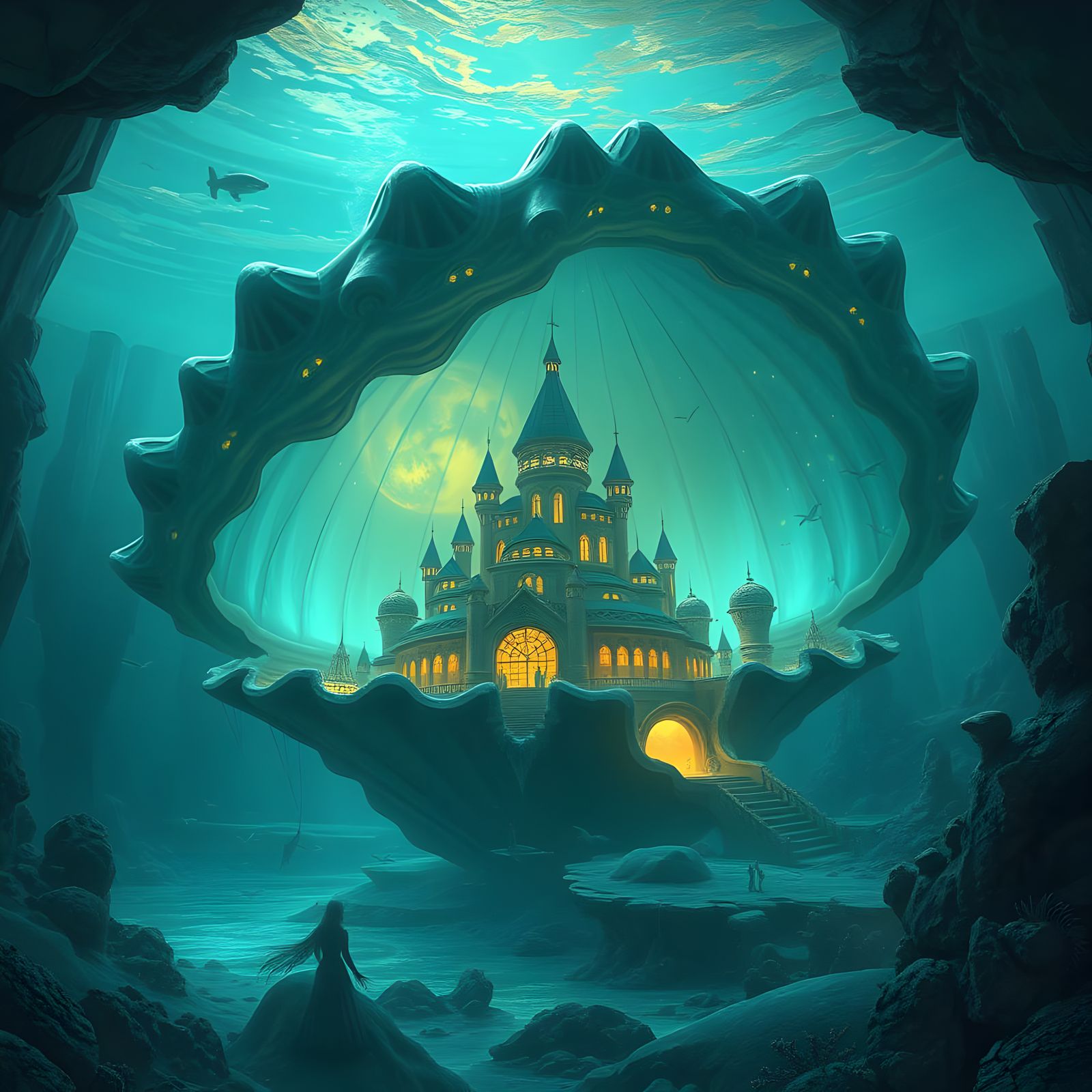 Fantasy Underwater City in a Glowing Seashell