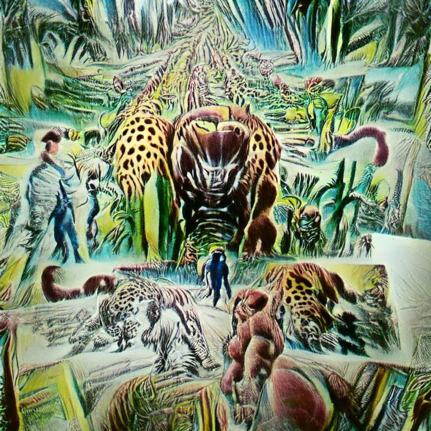 Vintage sci fi, retro comic, jungle on alien planet, giant leopard beasts, hostile, infinity perspective, vanishing poin...