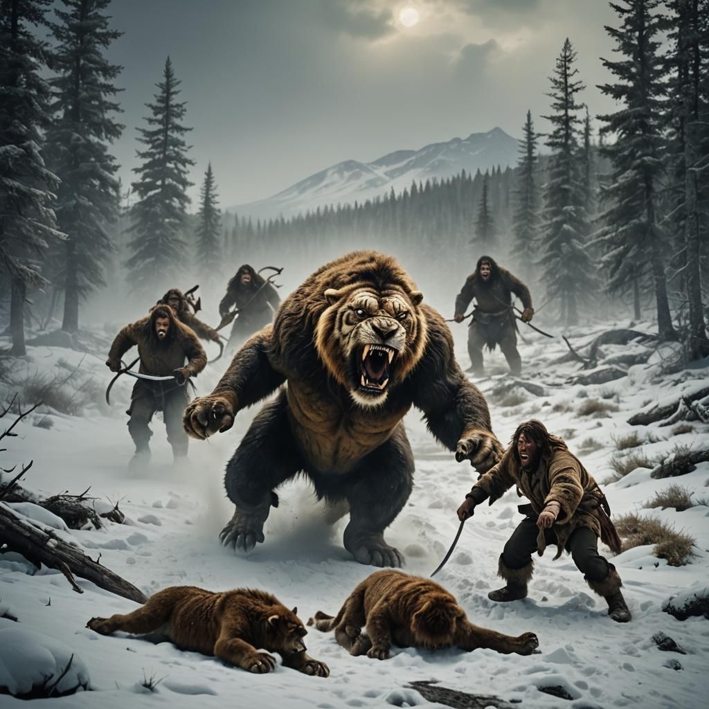 Neanderthal Men Defend Against Sabre-Tooth Tiger