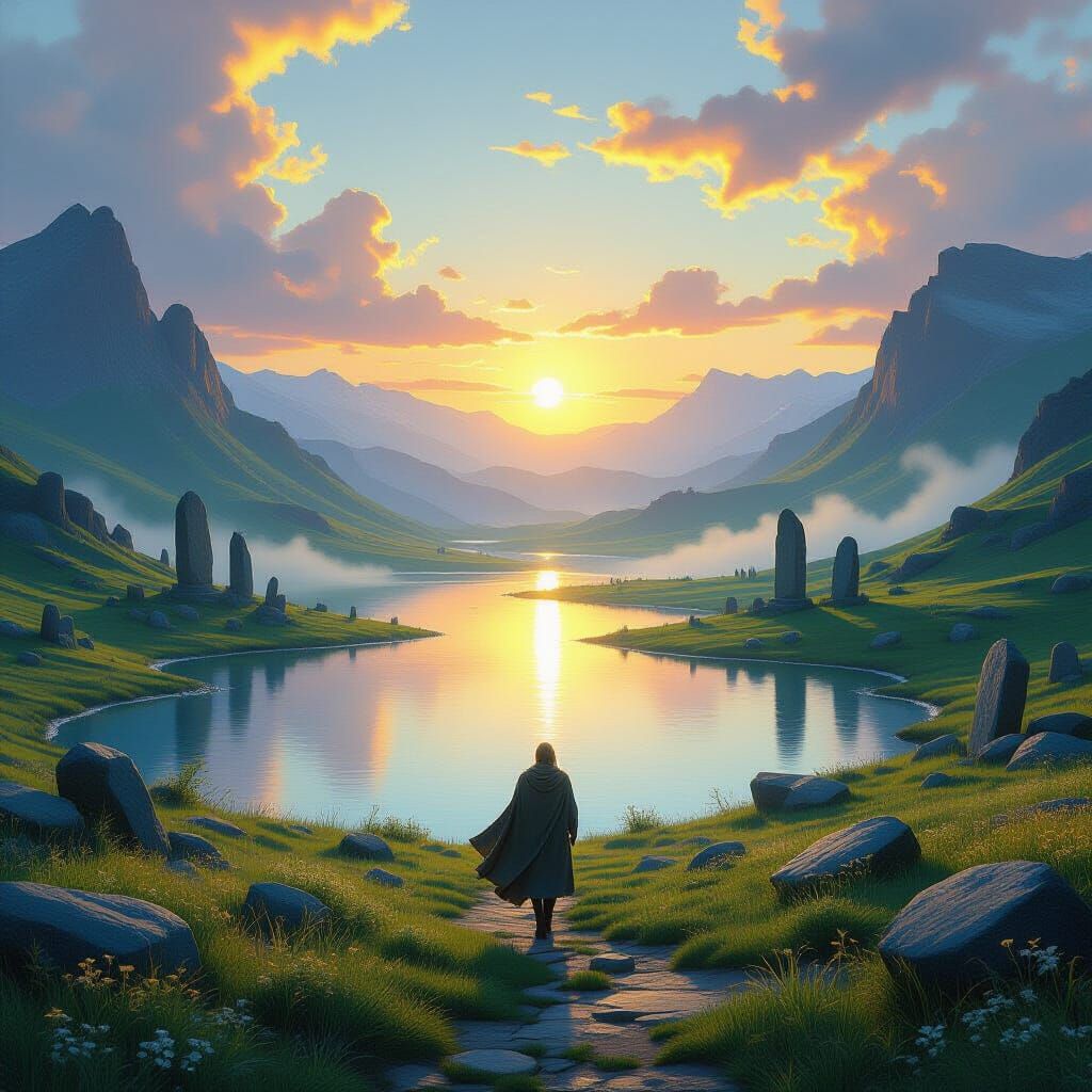 Fantasy Landscape at Sunrise with Ancient Ruins