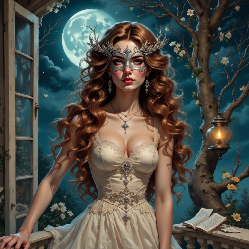 Sarah in Glowing Gown on Moonlit Balcony