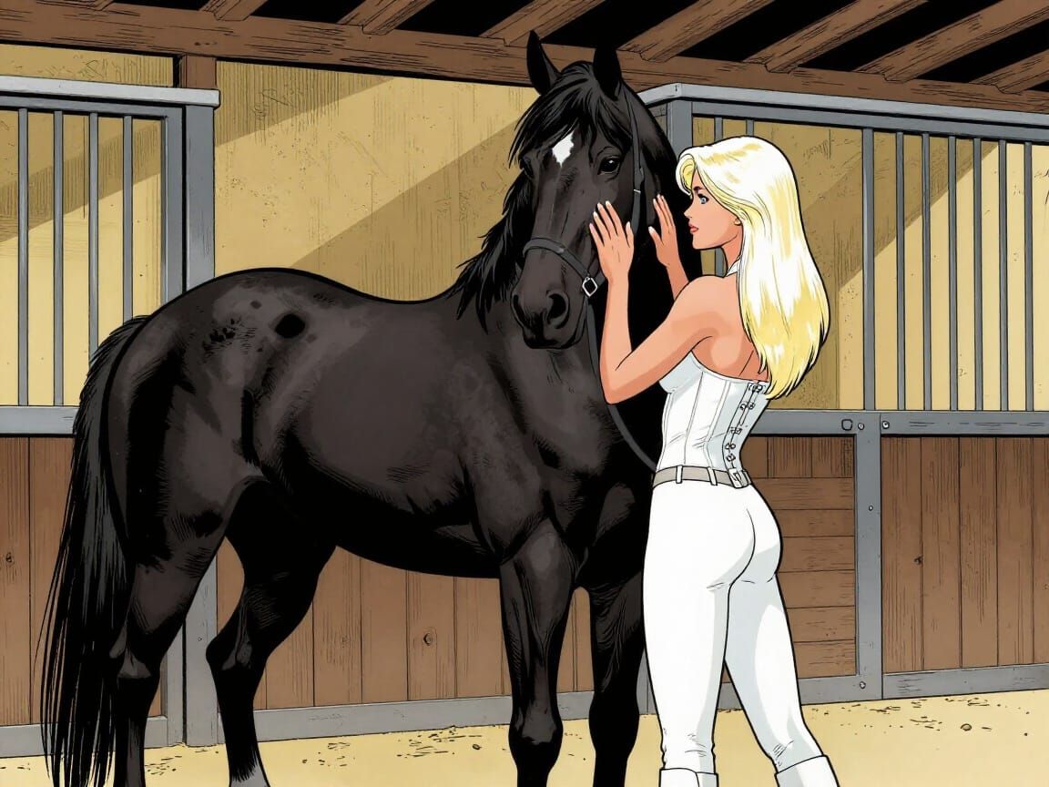 Emma Frost in Ligne Claire Comic Style with Black Stallion