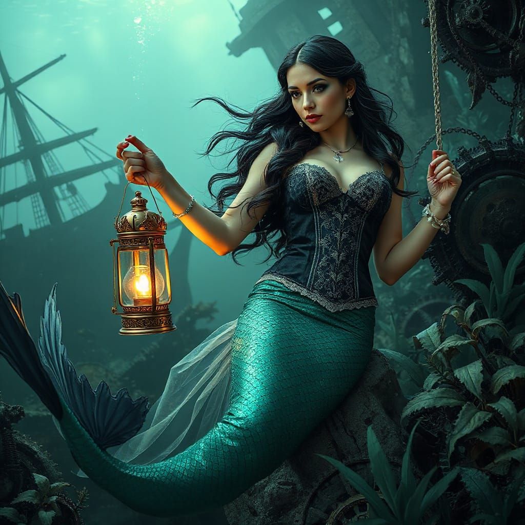 Steampunk Mermaid with Gothic Gears and Bioluminescent Glow