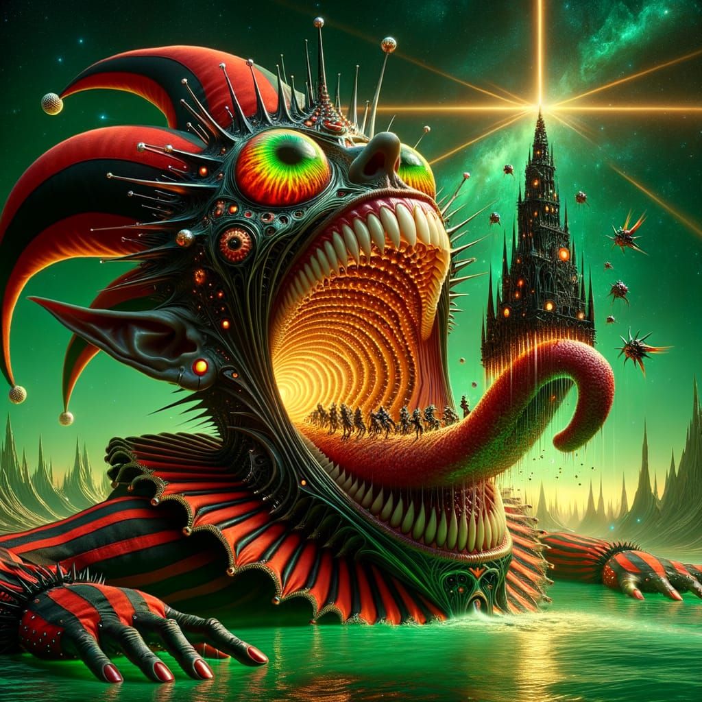 Elf Jester with Fungaloid Head and Gothic Lighthouse