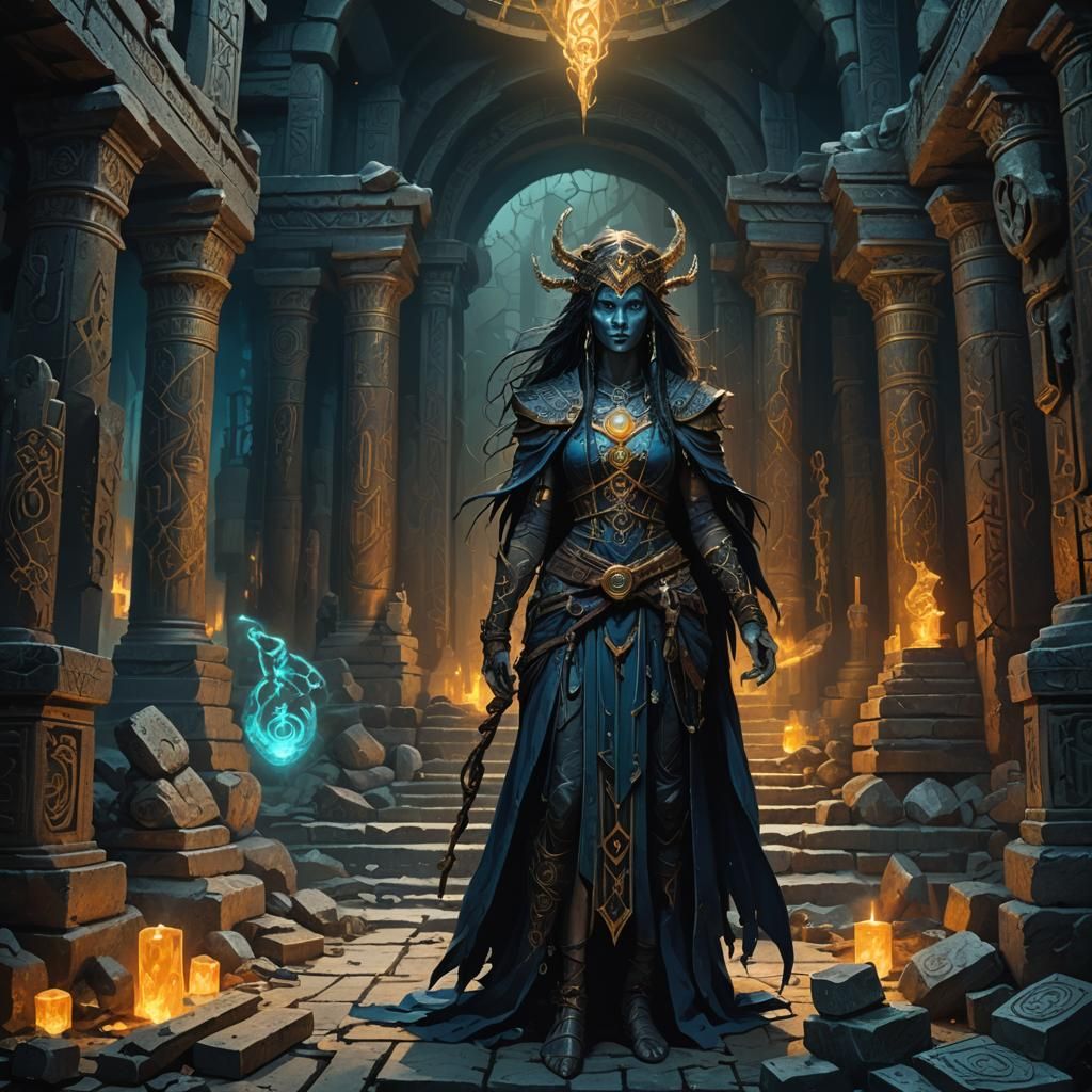Corrupted Sorceress in Ancient Temple: Dark Fantasy Art