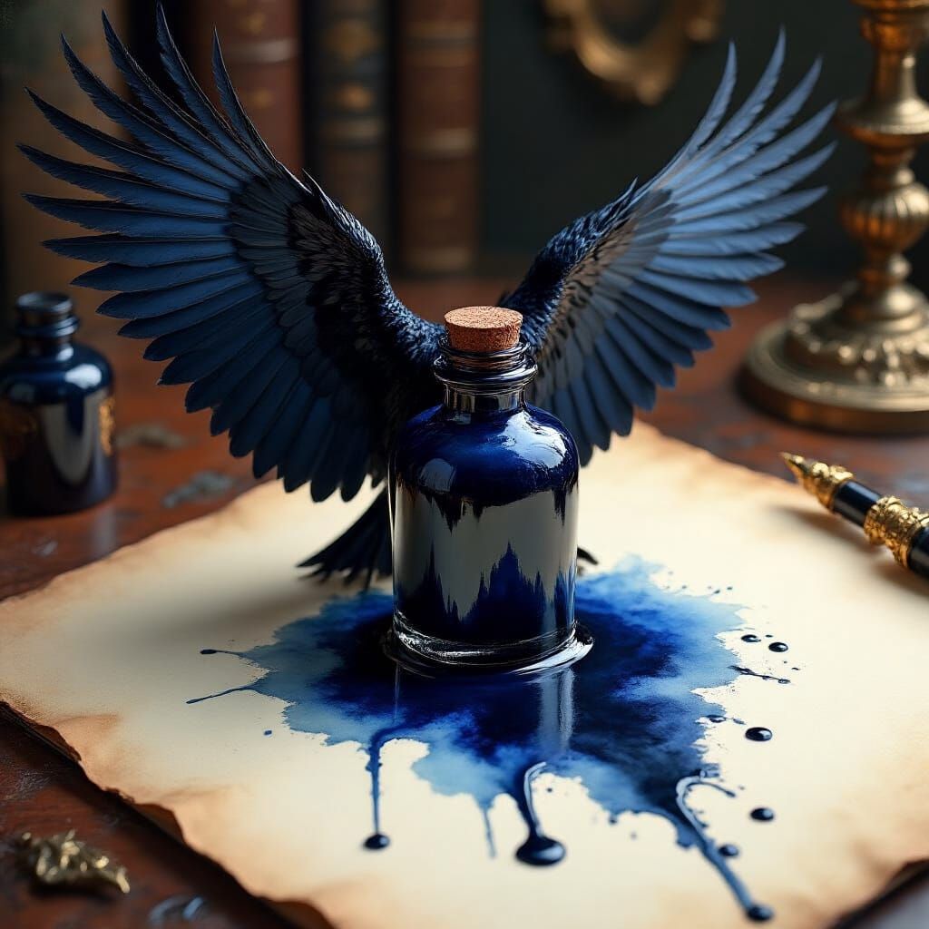 Ink Raven Spills on Antique Desk: Gothic Art