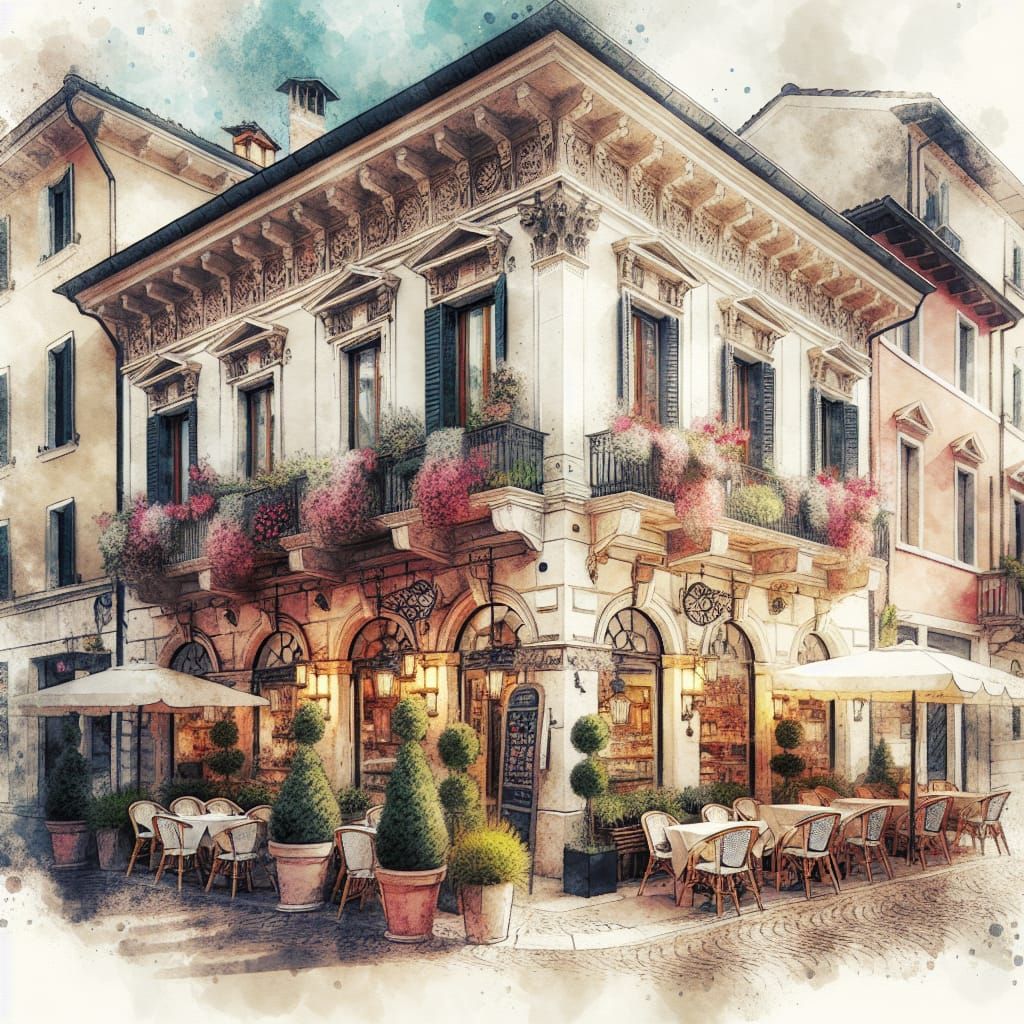 Italian Coffeehouse in Spring, Vintage Digital Painting