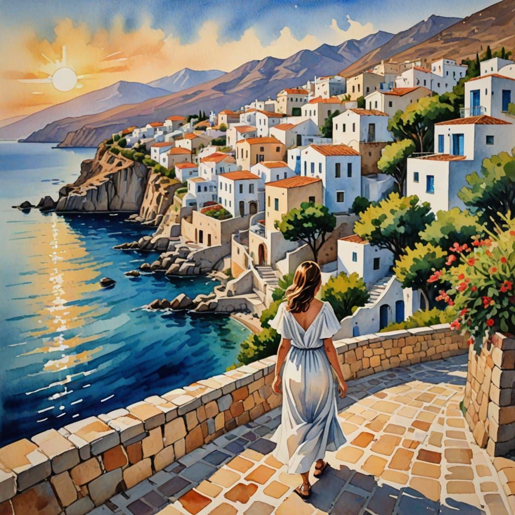 Greek Sunset over Mediterranean Sea in Watercolor