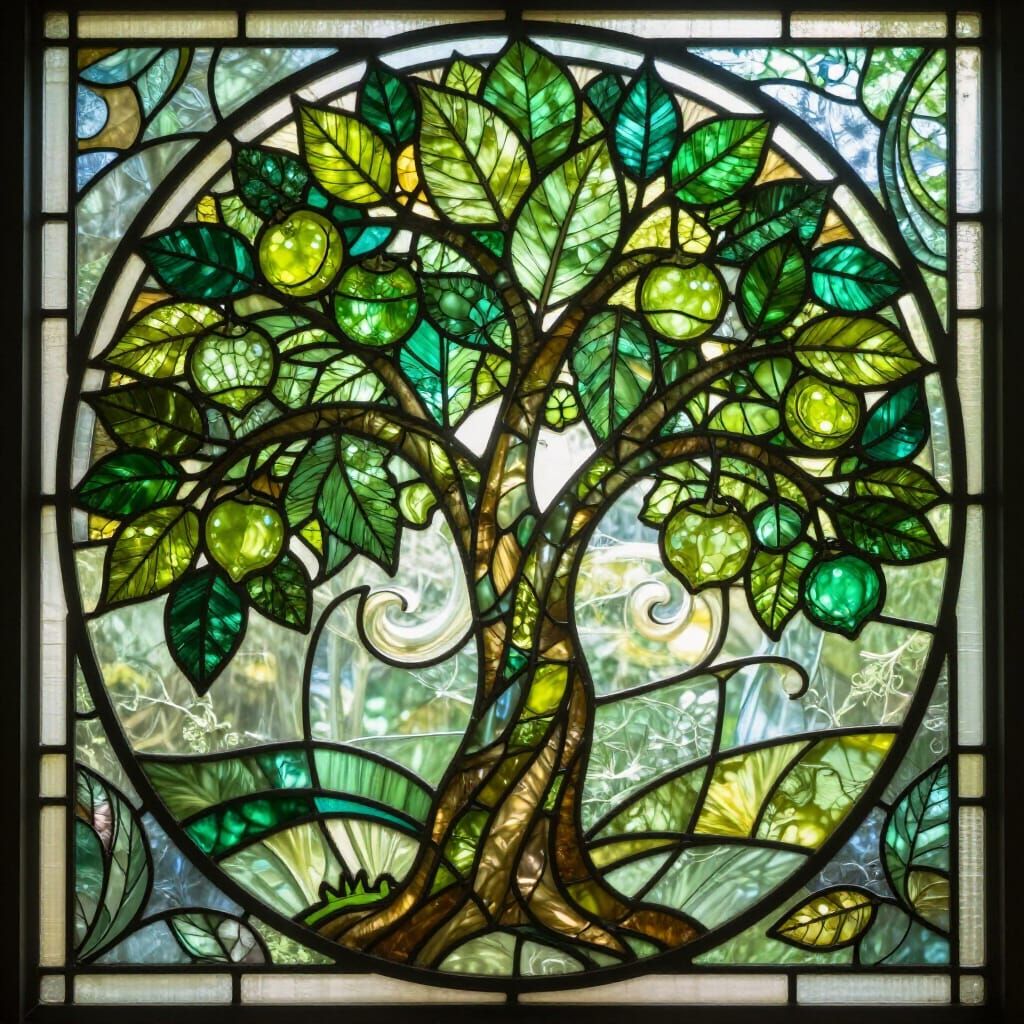 Art Nouveau Glass Panel: Tree of Life in Emerald Green