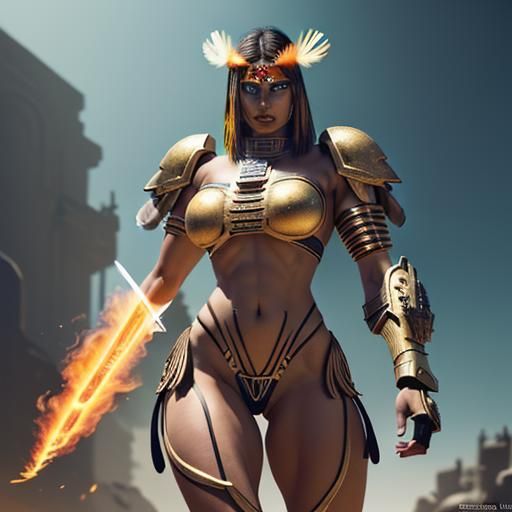 Aztec Warrior Woman in Cyberpunk Servo-Armor