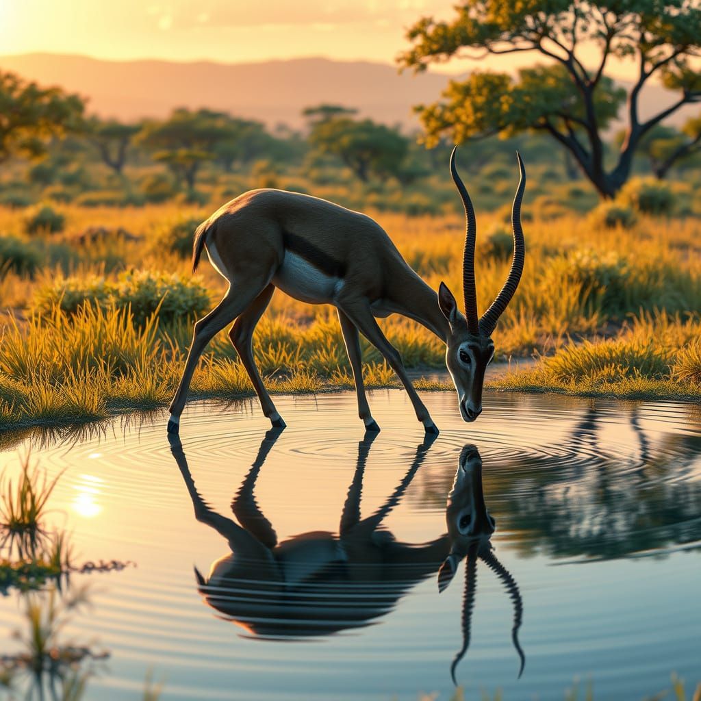 Dreamy Gazelle Reflects in Serene Savanna Pool