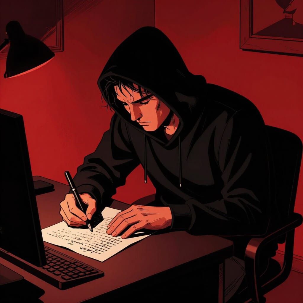 Neo Noir Artist Writing Lyrics in Red and Black
