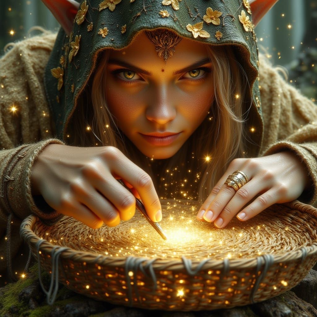 Elven Artisan Weaving Magic Baskets in Fantasy Style