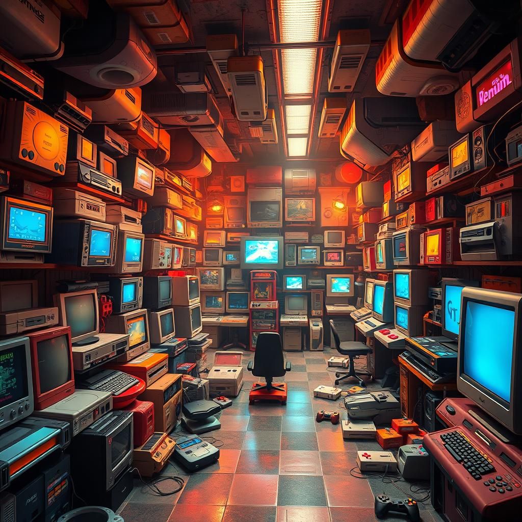 Nostalgic Gaming Chamber in Retro Concept Art Style