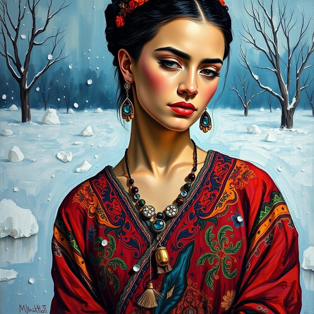 Young Woman in Vibrant Tehuana-Inspired Attire, Shattered Ne...