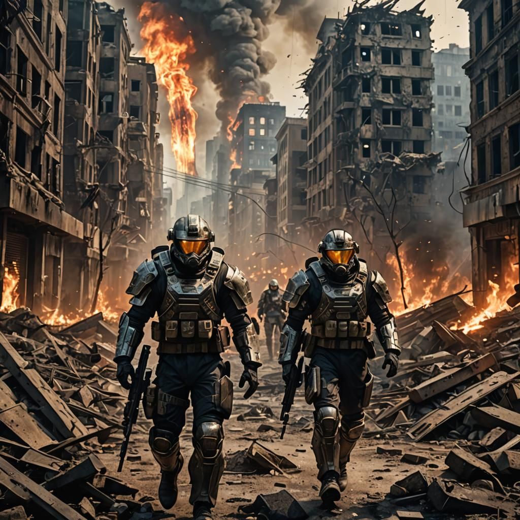 Soldiers Marching Through a Ruined Metropolis
