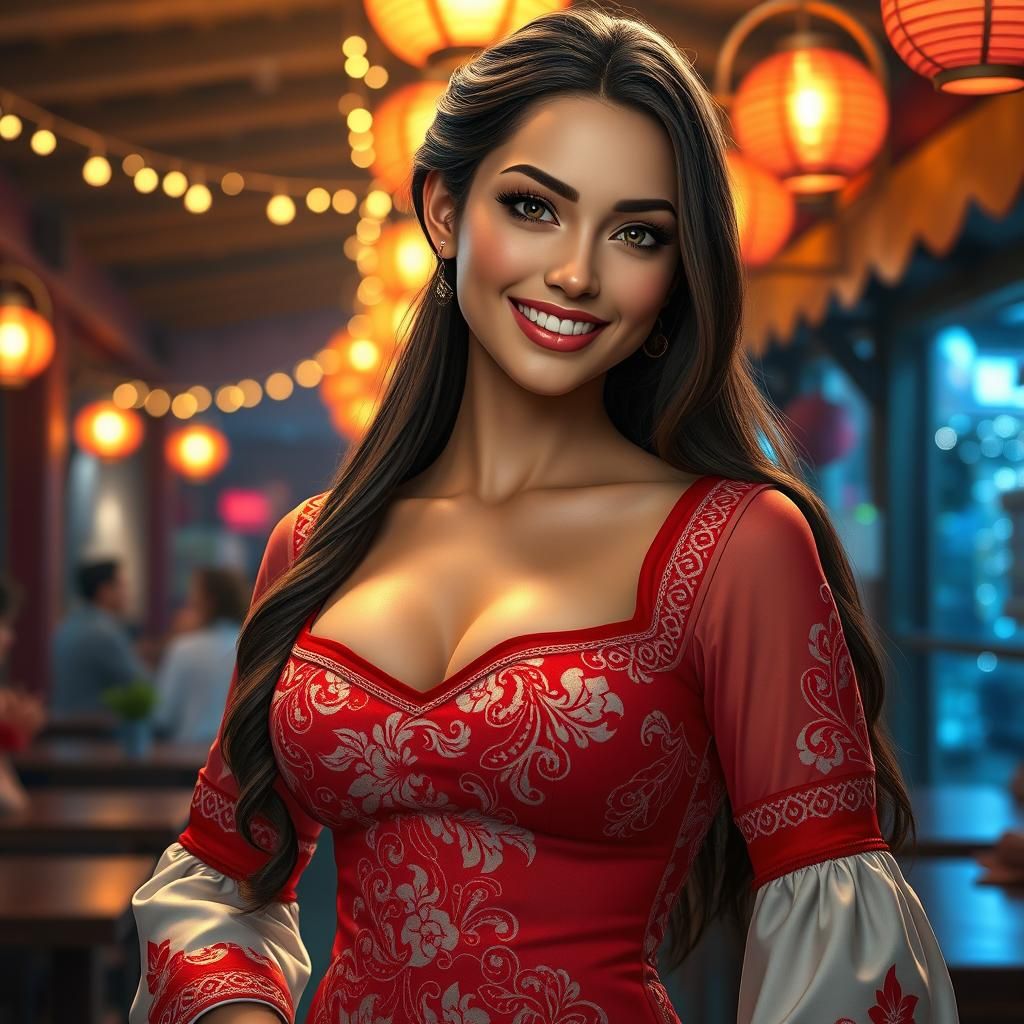 Confident Woman in Red Dress in Beer Garden