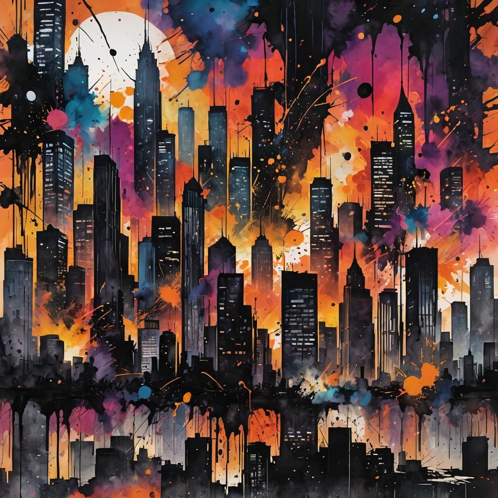 Abstract Ink Cityscape at Sunset