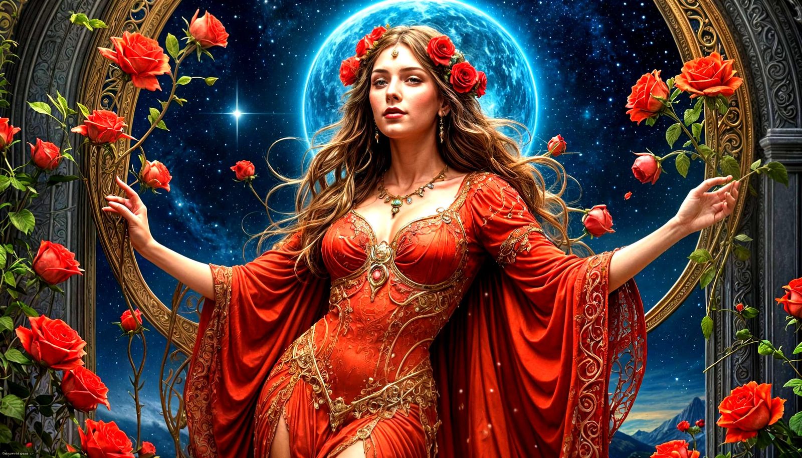 Celestial Sorceress Weaving Rose Gowns in Art Nouveau Style